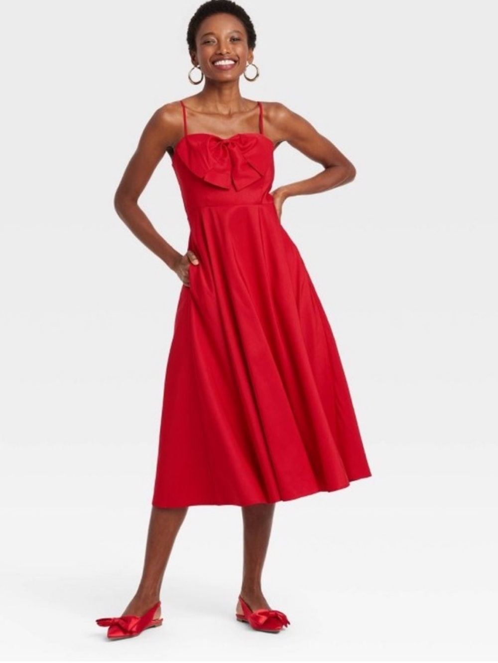 A NEW DAY Red Spaghetti-Strap Midi Dress with Front Bow Accent